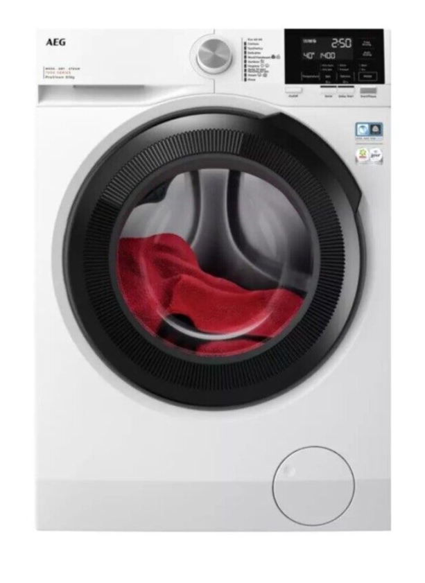 AEG 7000 ProSteam® LWR7185M4B 8+5KG 1400 Spin Washer Dryer in White - A Rated on Wash - Graded stock photo front with a red towel