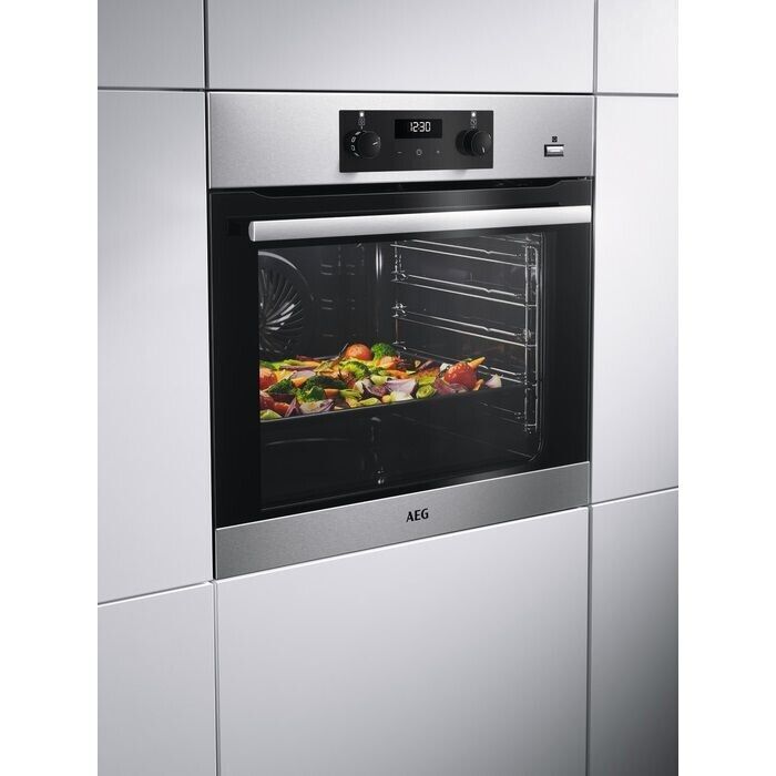 AEG BES355010M 6000 Series SteamBake Electric Single Oven - Stainless Steel - A Rated stock photo front in cabinet