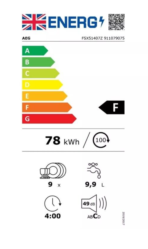 AEG FSX51407Z Series 5000 AirDry 45cm Integrated Slimline Dishwasher with Black Control Panel, F Rated Product Label