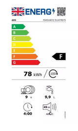 AEG FSX51407Z Series 5000 AirDry 45cm Integrated Slimline Dishwasher with Black Control Panel, F Rated Product Label