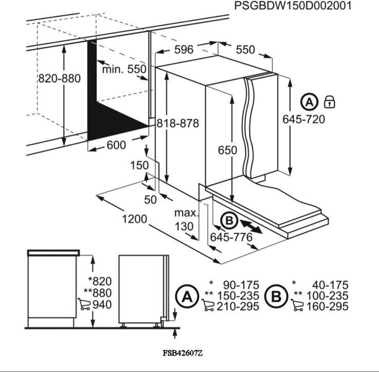 AEG FSB42607Z 3000 Air Dry Fully Integrated Built In Dishwasher - Black Control Panel with Sliding Door Fixing Kit. diagram fitting picture with dimensions