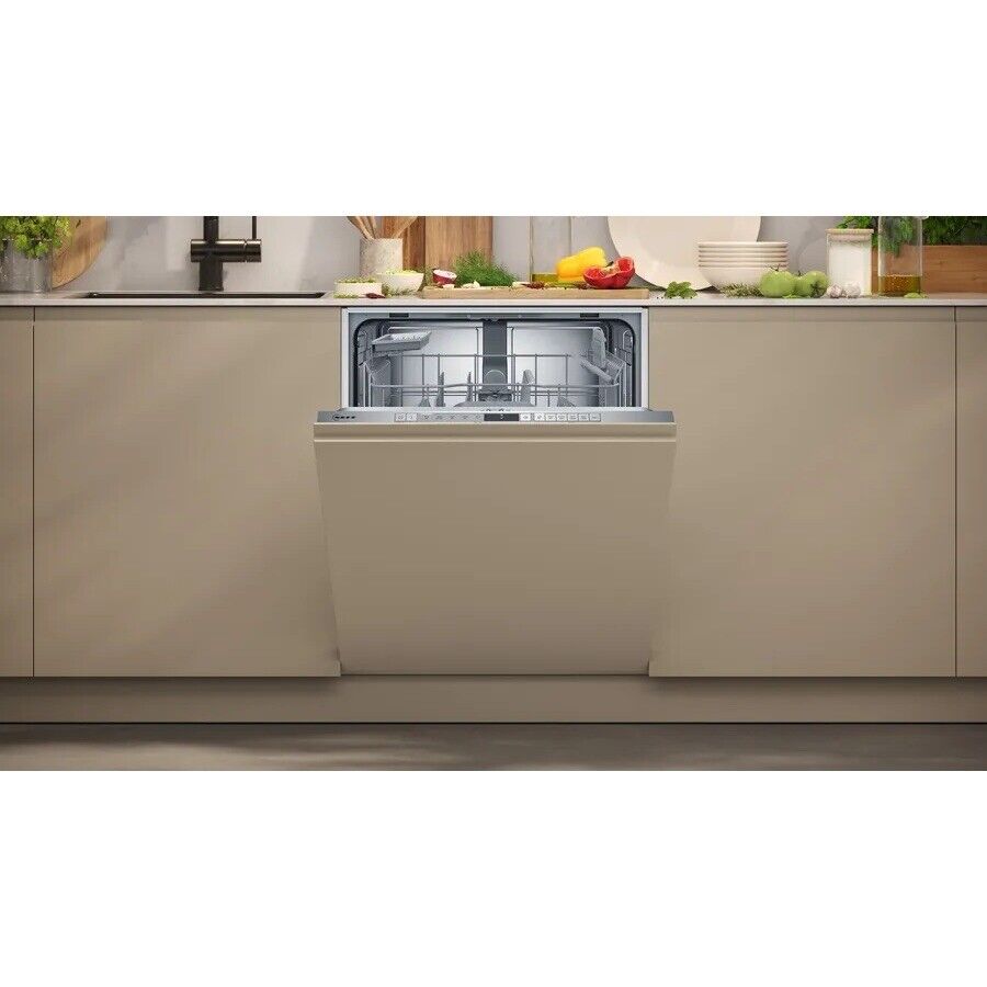 Neff N30 S153HTX02G Wi-Fi Enabled Full Size Integrated Dishwasher (Graded) stock photo in kitchen with door open