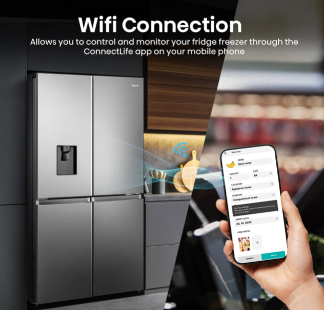 Hisense RQ758N4SWSE American Fridge Freezer, Total No Frost, Wi-Fi Enabled, Metal Tech Cooling in Stainless Steel WiFi Connection via App