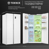 Teknix TX2SBS1791PW American Fridge Freezer in White - 523 Litre Capacity - E Rated - POHW0130 from HomeWise Appliances. Stock photo graphic showing dimensions and storage volume.