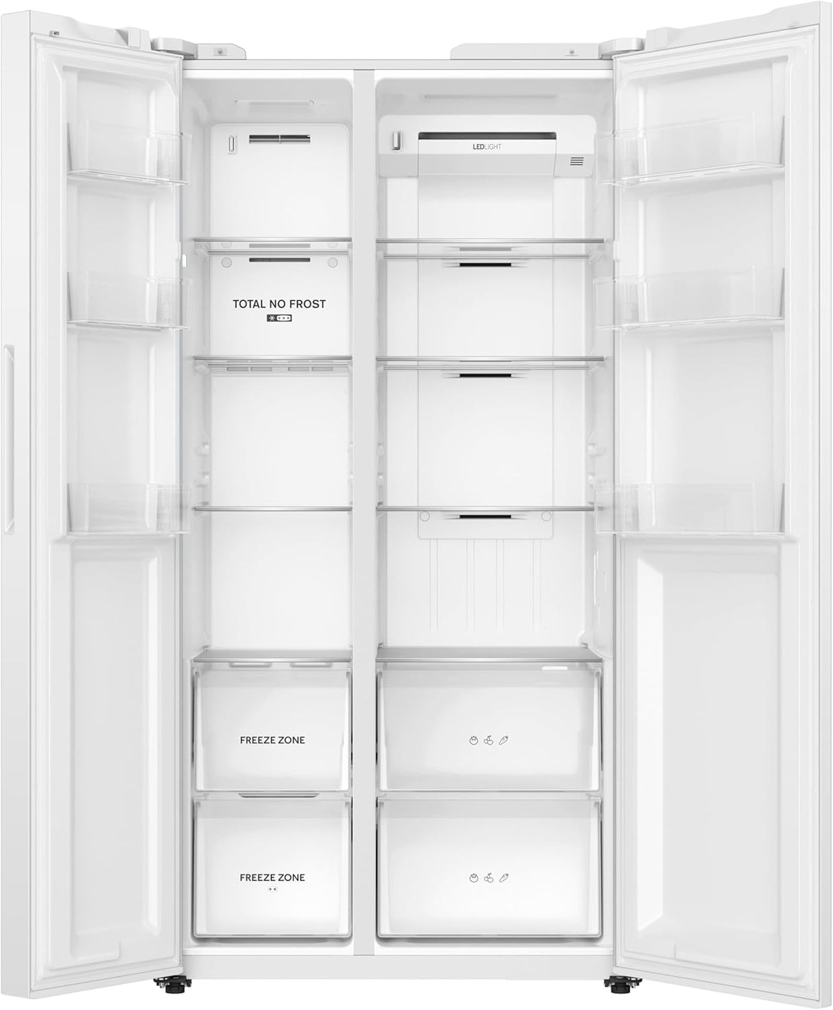 Teknix TX2SBS1791PW American Fridge Freezer in White - 523 Litre Capacity - E Rated - POHW0130 from HomeWise Appliances. Stock photo both doors open showing the fridge and freezer compartments side by side.