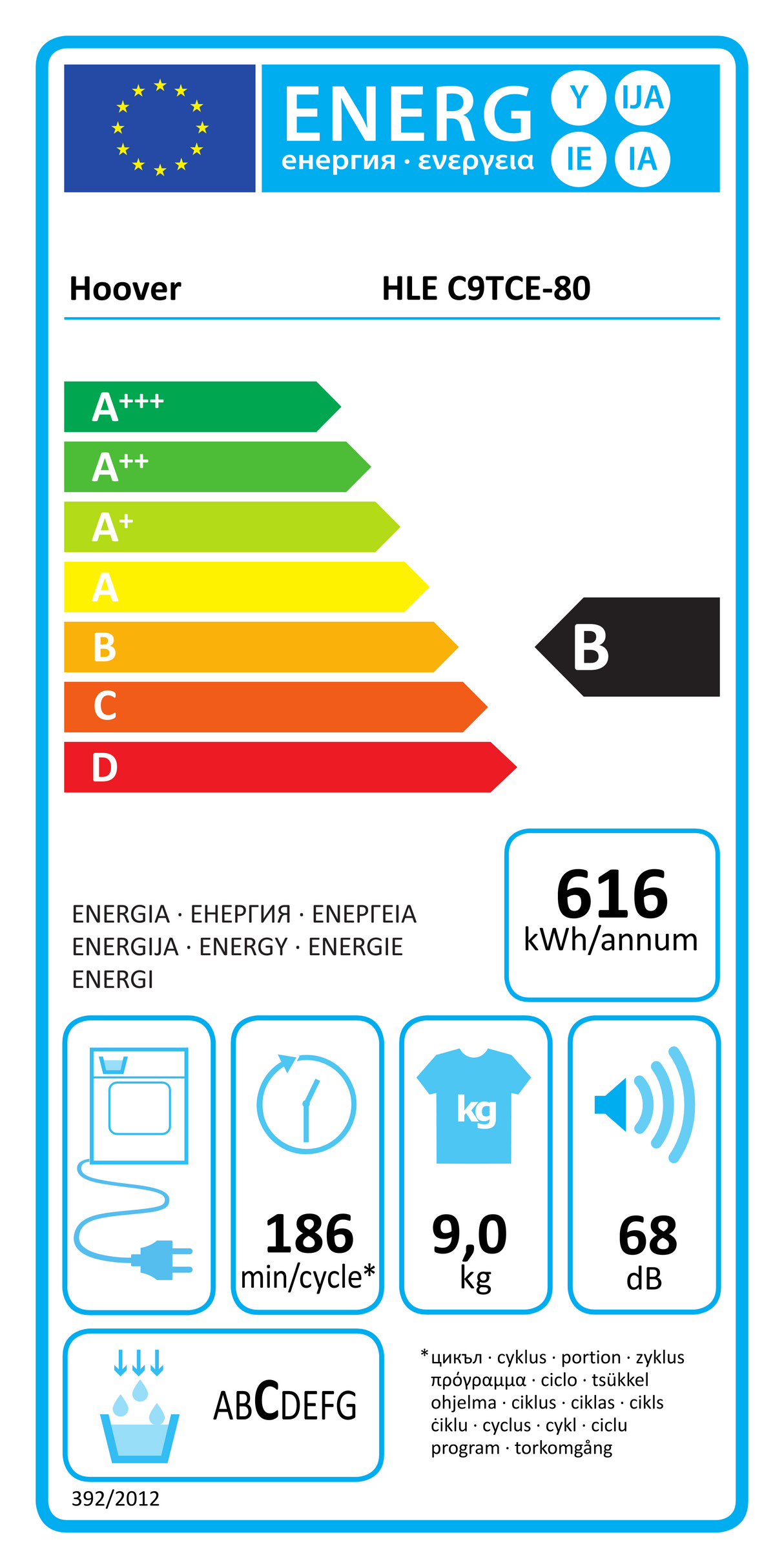 Hoover HLE C9TCE-80 (01) 9KG Wi-Fi Enabled Condenser Tumble Dryer with Sensor Dry in White R