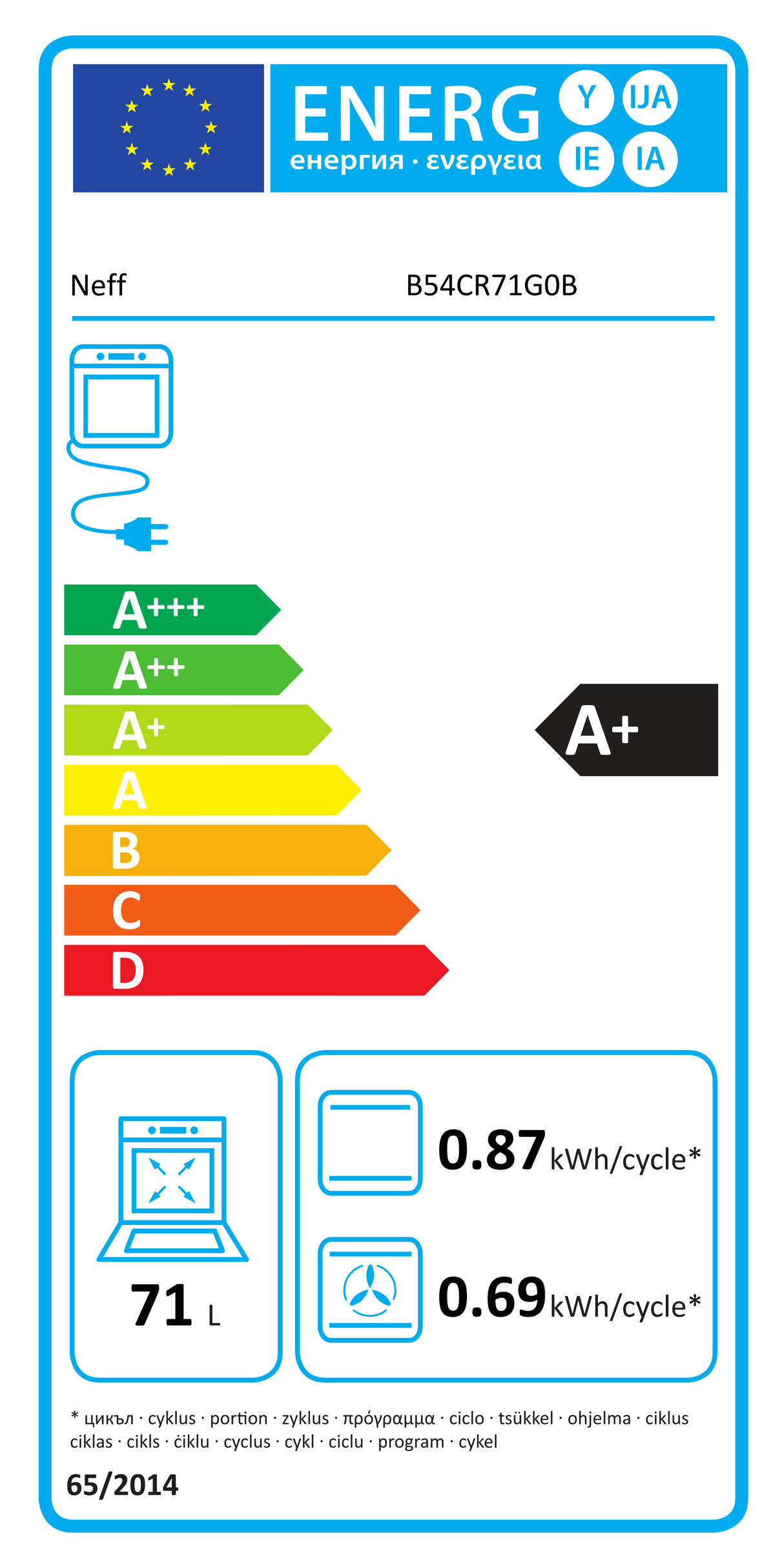 Neff N70 B54CR71G0B (08) Slide & Hide® Wi-Fi Enabled Pyrolytic Self Cleaning Electric Single Oven in Graphite - A+ Rated from HomeWise Appliances Graphic of A+ Rated Energy Efficiency Label.