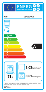 Neff N50 U1ACE2AN3B Built-in Electric Double Oven in Stainless Steel - A/B Rated by HomeWise Appliances. Stock photo showing Energy label. 71L Main oven A Rated.