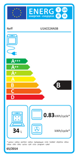Neff N50 U1ACE2AN3B Built-in Electric Double Oven in Stainless Steel - A/B Rated by HomeWise Appliances. Stock photo showing Energy label. 34L Second oven B Rated.