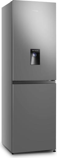 Gray refrigerator with water and ice dispenser on a white background
