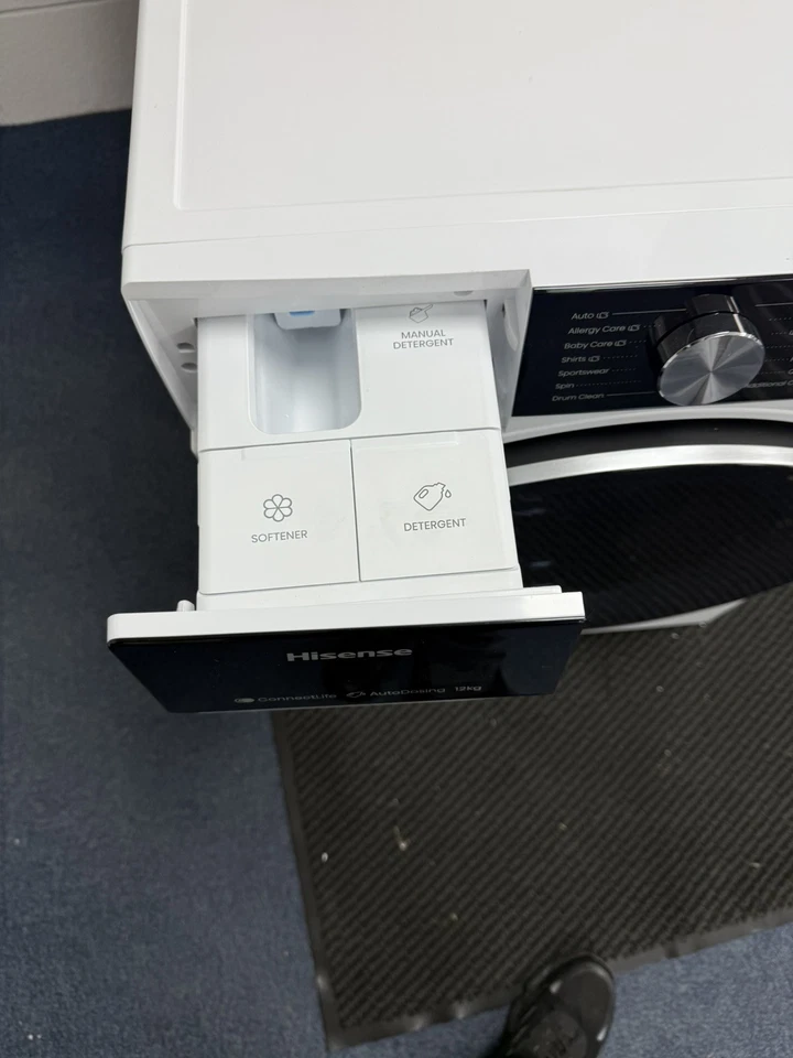 Hisense 5S Series WF5S1245BW 12KG 1400 Spin Washing Machine in White Showroom Photo detergent drawer open 