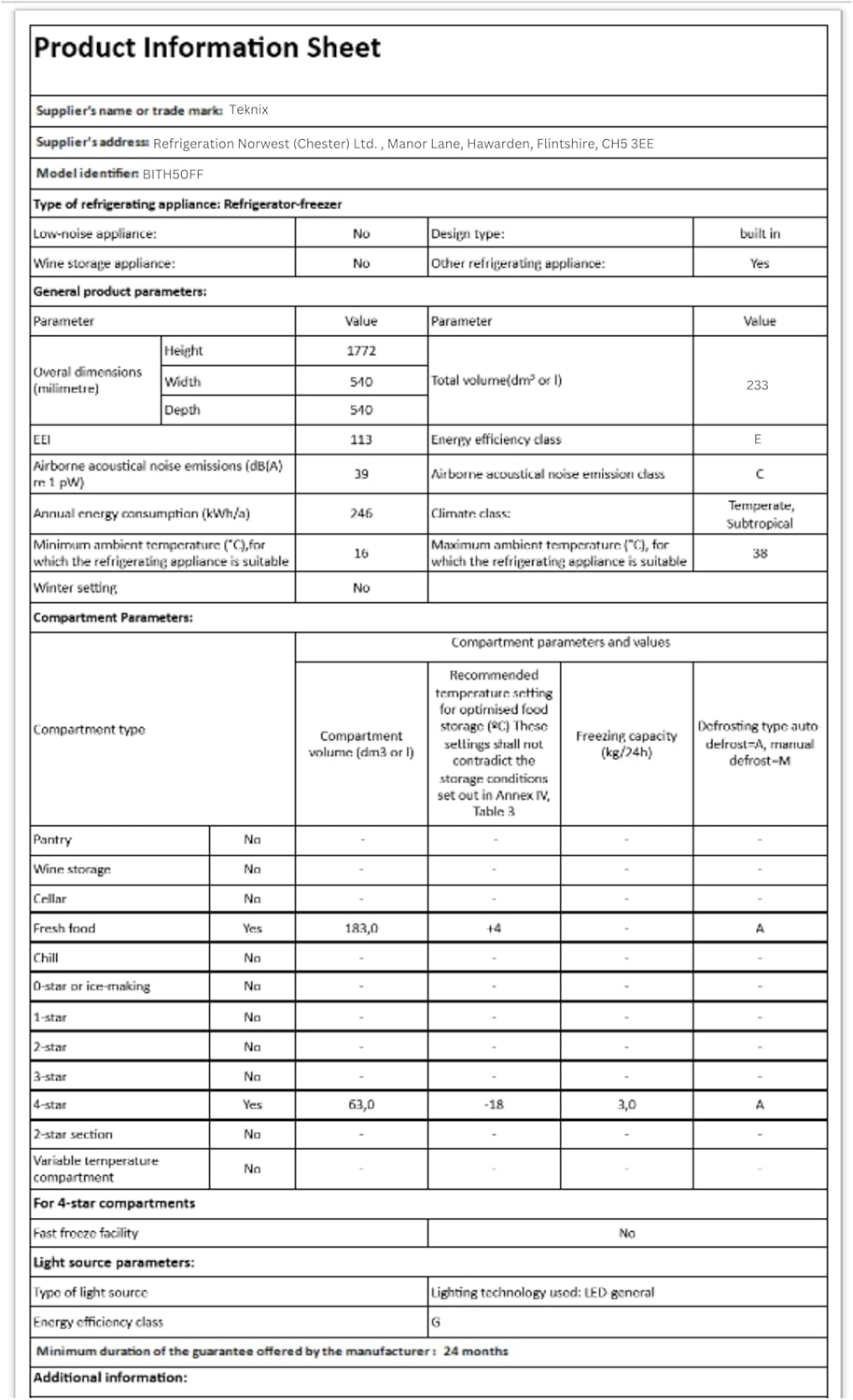 Teknix BITH50FF/E 50/50 Integrated Fridge Freezer with Total No Frost - 233 Litres - E Rated Stock Photo of product information street