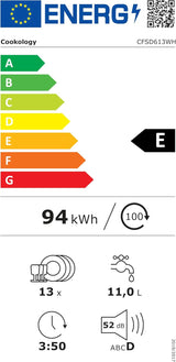 Cookology CFSD613WH 13 Place Settings, 60cm Freestanding Full Size Dishwasher, 6 Programmes with Eco Mode, E Rated in White product rating label