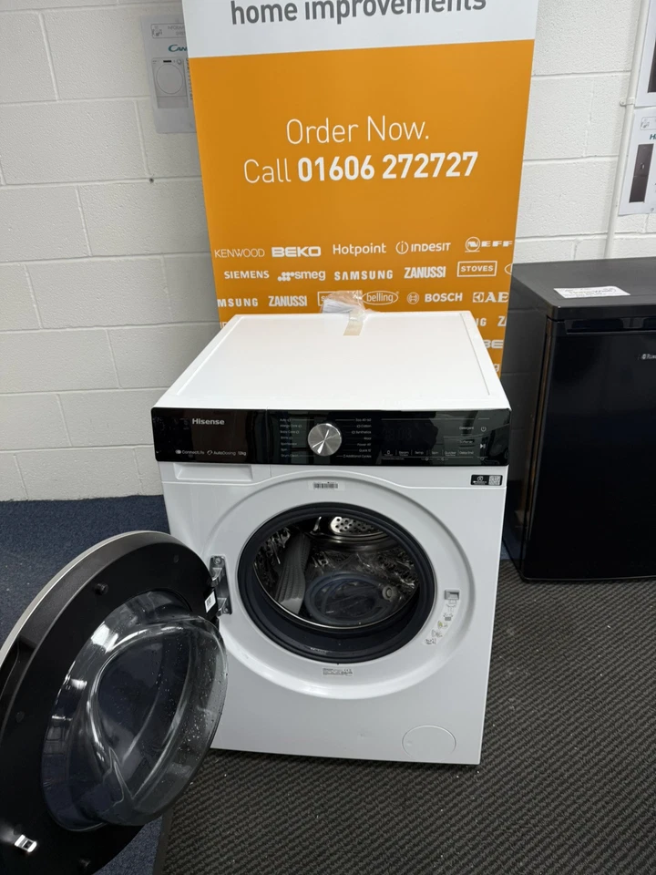 Hisense 5S Series WF5S1245BW 12KG 1400 Spin Washing Machine in White Showroom Photo Front door open with sales bannr