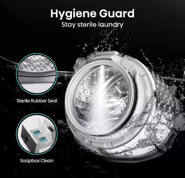 Hisense 5S Series WF5S1245BW 12KG 1400 Spin Washing Machine in White Stock Photo Hygiene guard graphic for stay sterile laundry