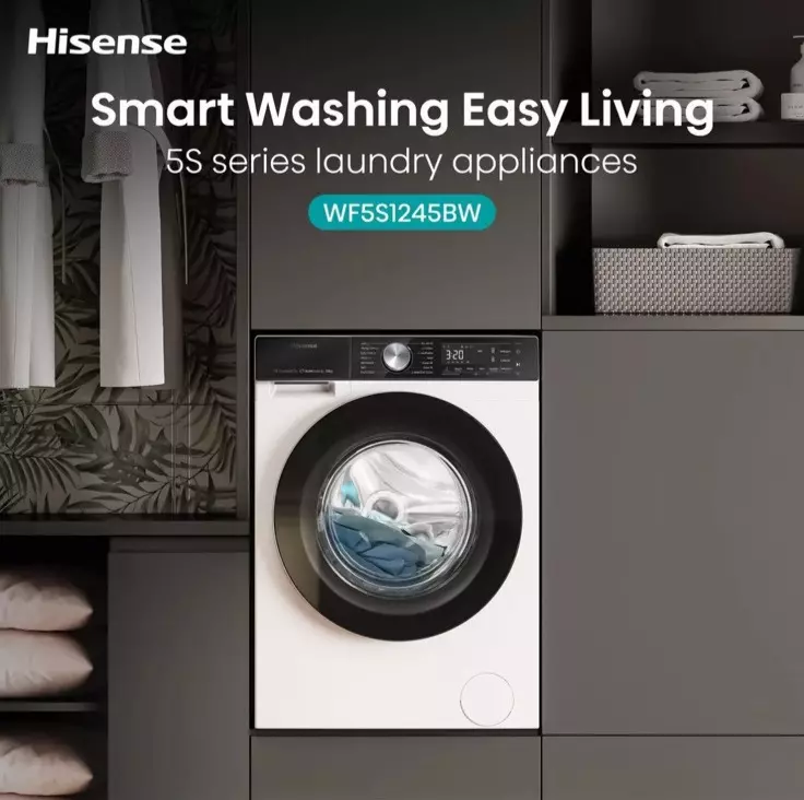 Hisense 5S Series WF5S1245BW 12KG 1400 Spin Washing Machine in White Stock Photo Smart washing easy living advert 