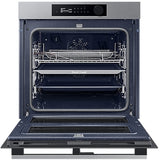 Samsung NV7B5755SAS Flexible Dual Cook Built-in Smart Single Oven with Pyrolytic Self Cleaning and Air Fry in Stainless Steel - A+ Rated from HomeWise Appliances. Stock photo front of oven with whole door open showing interior cavity and contents