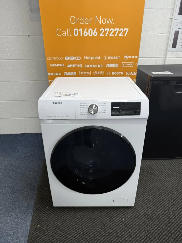 Hisense WFQA1014EVJM 10KG 1400Spin Washing Machine in White - A Rated - Blemished Showroom Photo front door closed with sales banner 01606 272727