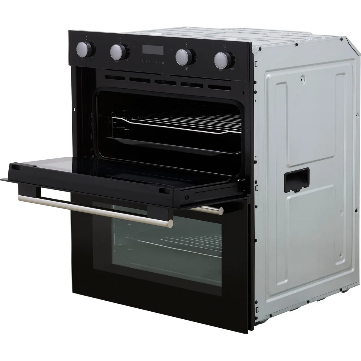 Hisense BID75211BGUK (78) Built-Under Electric Double Oven in Black - A/A Rated - HW181678 stock photo angled to show right side panel and the top oven door open.