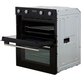 Hisense BID75211BGUK (78) Built-Under Electric Double Oven in Black - A/A Rated - HW181678 stock photo angled to show right side panel and the top oven door open.