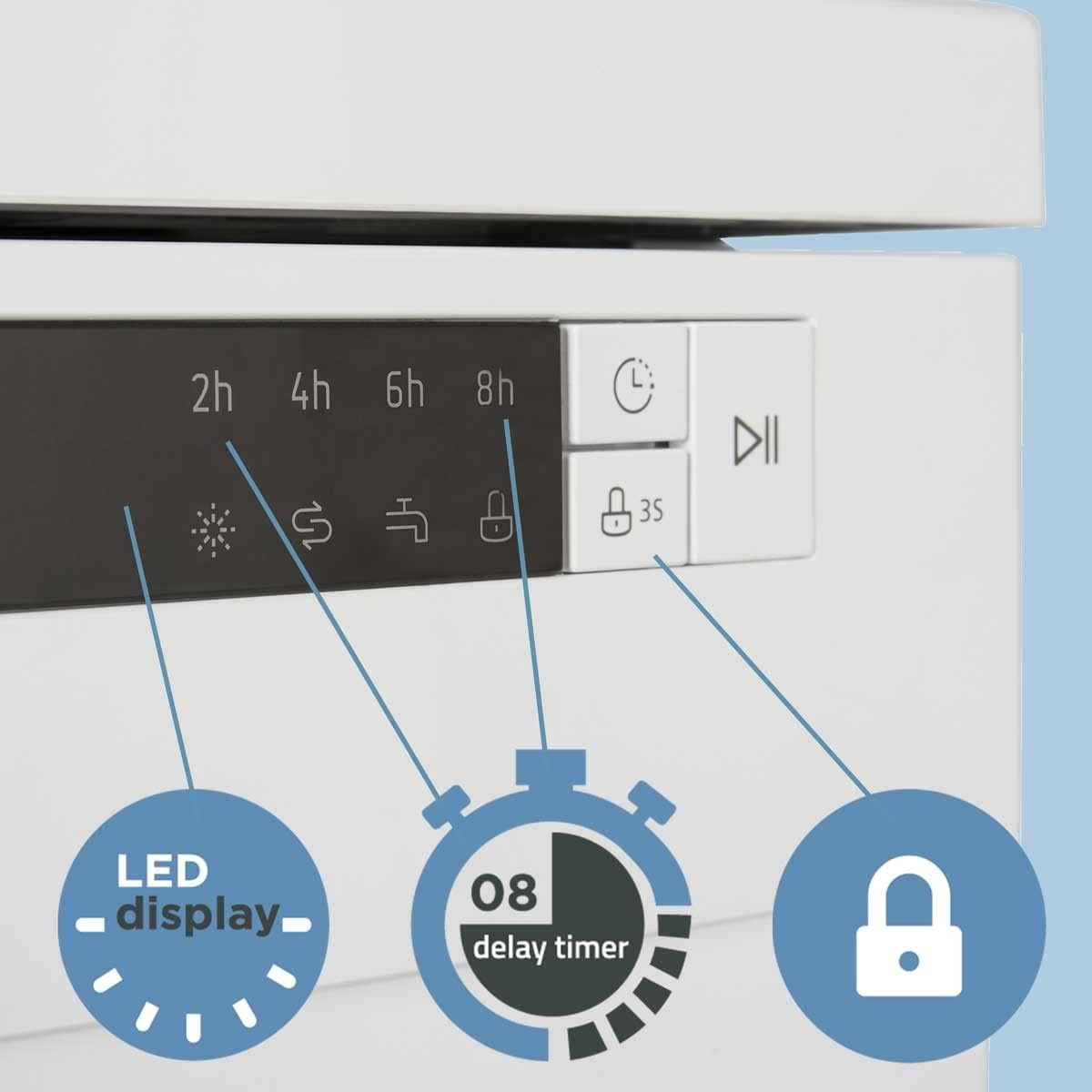 Cookology CFSD613WH 13 Place Settings, 60cm Freestanding Full Size Dishwasher, 6 Programmes with Eco Mode, E Rated in White Timer Delay