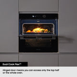 Samsung NV7B5755SAS Flexible Dual Cook Built-in Smart Single Oven with Pyrolytic Self Cleaning and Air Fry in Stainless Steel - A+ Rated from HomeWise Appliances. Graphic showing Dual Cook Flex Hinged Door.