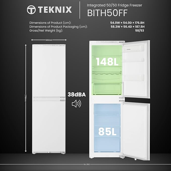 Teknix BITH50FF/E 50/50 Integrated Fridge Freezer with Total No Frost - 233 Litres - E Rated Stock Photo fridge and freezer capacity image