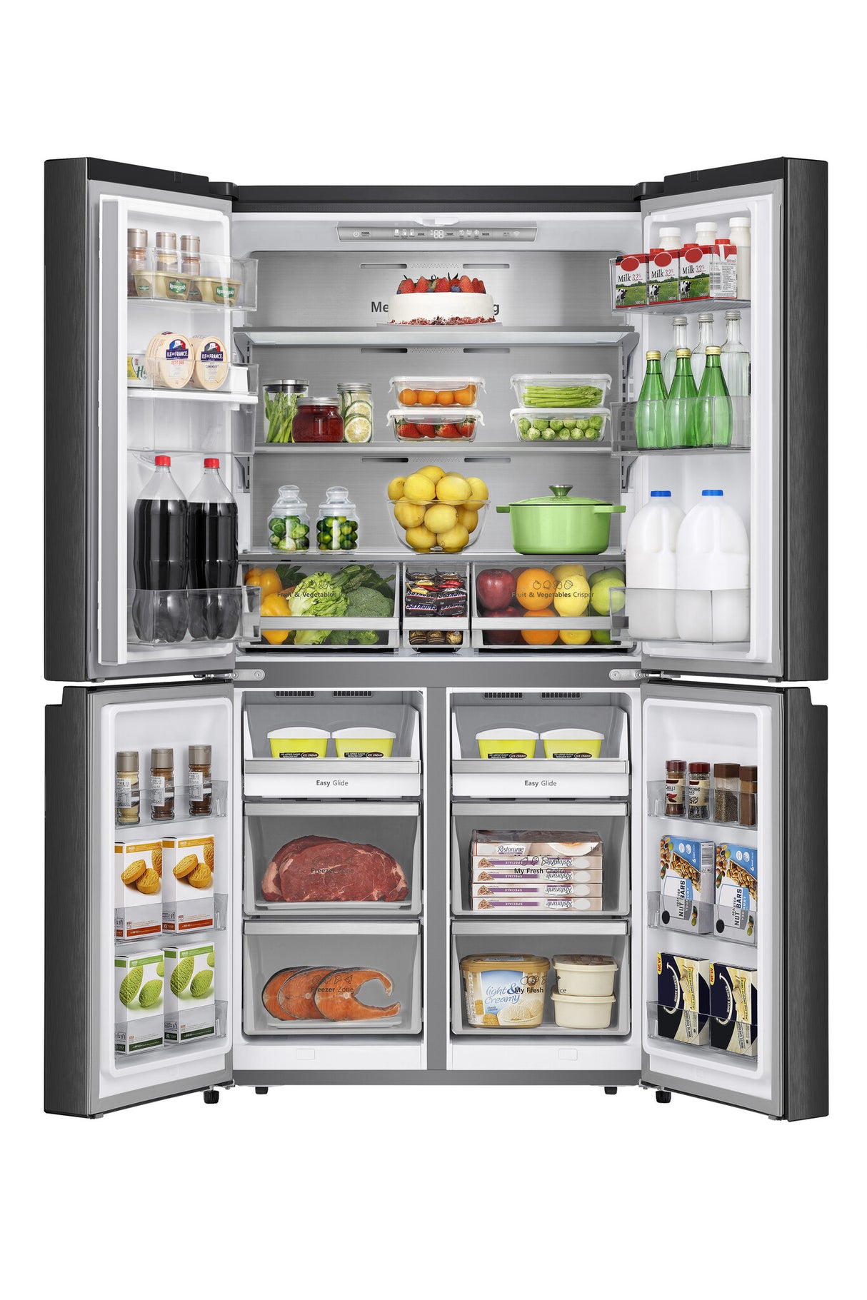 Hisense RQ758N4SWFE American Fridge Freezer, Total No Frost, Wi-Fi Enabled, Metal Tech Cooling in Black Steel Stock photo doors open loaded with food