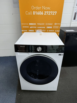 Hisense 5S Series WF5S1245BW 12KG 1400 Spin Washing Machine in White Showroom Photo Front with door closed and sales banner