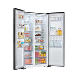 Fridgemaster MS91520EB Total No Frost American Fridge Freezer Black, E Rated Angled Doors open with food