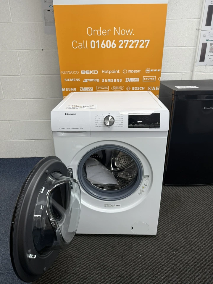 Hisense WFQA1014EVJM 10KG 1400Spin Washing Machine in White - A Rated - Blemished Showroom Photo front with door open and sales banner for 01606 272727