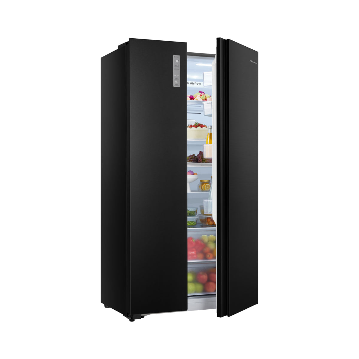 Fridgemaster MS91520EB Total No Frost American Fridge Freezer Black, E Rated right door partially open