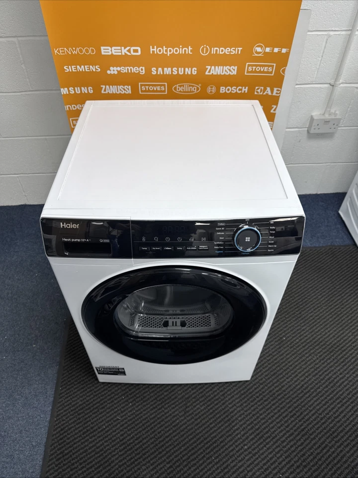 Haier I-Pro Series 3 HD100-A2939 10KG Heat Pump Tumble Dryer in White - A++ Rated - Refurbished showroom photo front from above angled photo