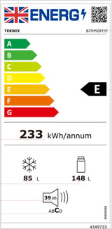 Teknix BITH50FF/E 50/50 Integrated Fridge Freezer with Total No Frost - 233 Litres - E Rated Stock Photo Energy rating label