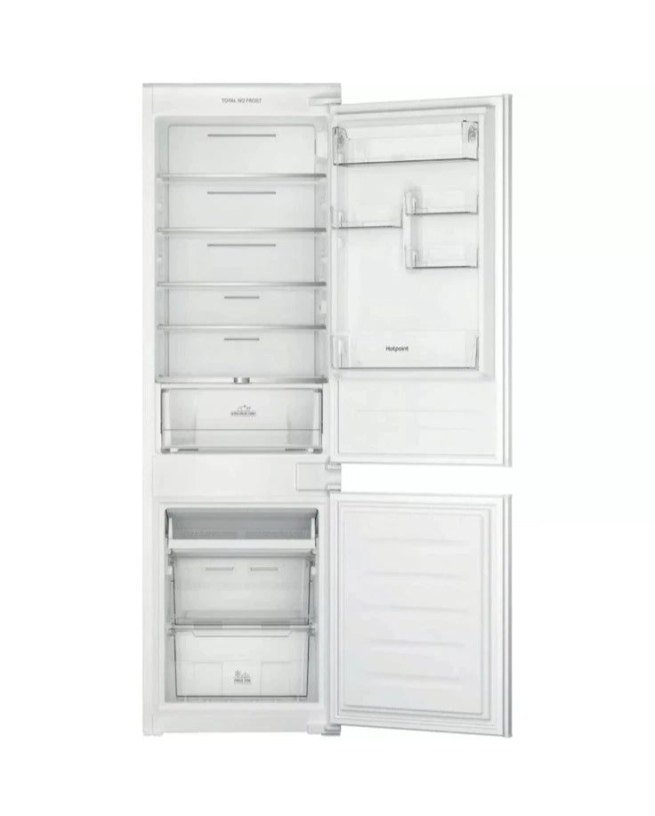 Hotpoint HTC18 T112 UK 70/30 No Frost Integrated Fridge Freezer with Sliding Hinge - E Rated from HomeWise Appliances. Stock photo of the front with doors open 