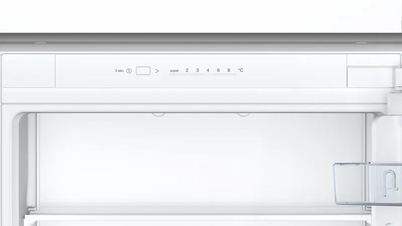 Bosch Series 2 KIV87NSE0G (09) 270 Litre 70/30 Integrated Fridge Freezer - E Rated from HomeWise Appliances. Stock photo showing digital controls on the fascia panel.