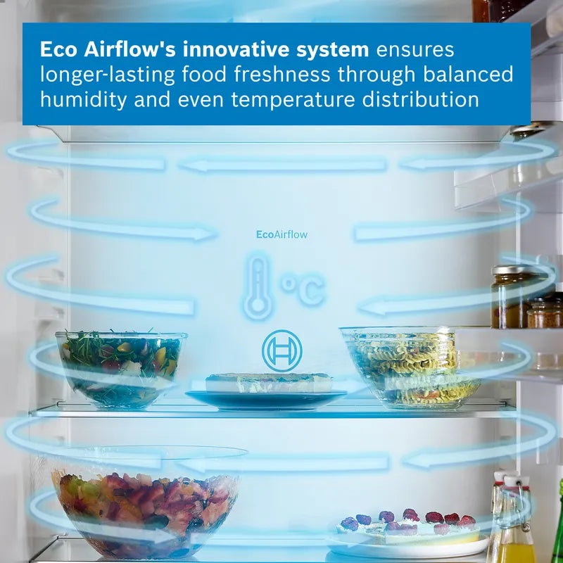 Bosch Series 2 KIV87NSE0G (09) 270 Litre 70/30 Integrated Fridge Freezer - E Rated from HomeWise Appliances. Graphic describing Eco Airflow
