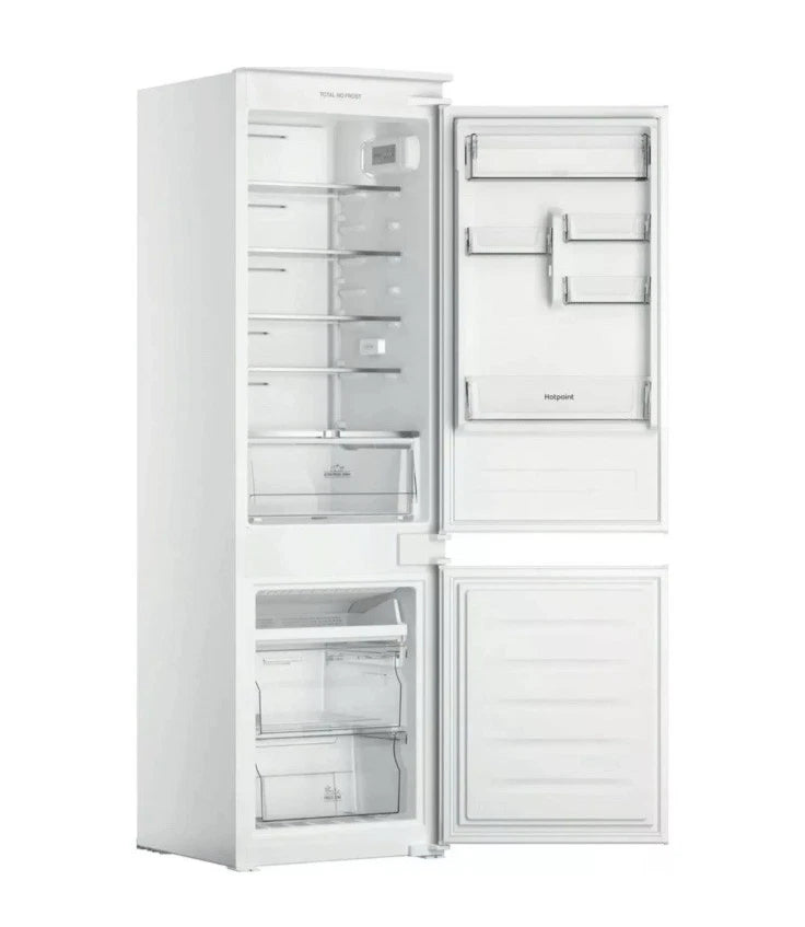 Hotpoint HTC18 T112 UK 70/30 No Frost Integrated Fridge Freezer with Sliding Hinge - E Rated from HomeWise Appliances. Angled photo of the front of appliance with doors open