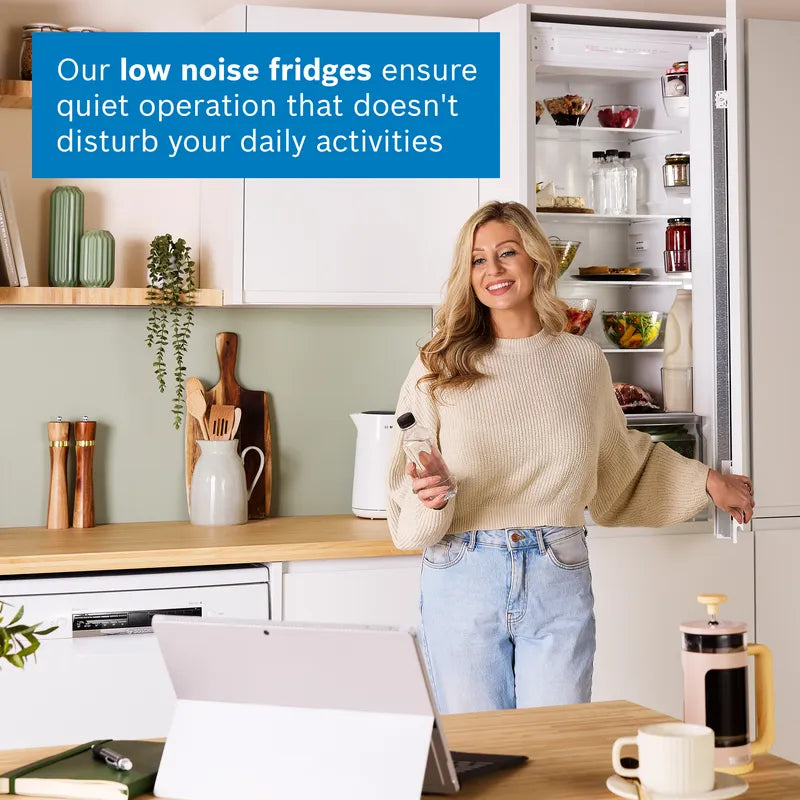 Bosch Series 2 KIV87NSE0G (09) 270 Litre 70/30 Integrated Fridge Freezer - E Rated from HomeWise Appliances. Graphic describing low noise will not disturb you.