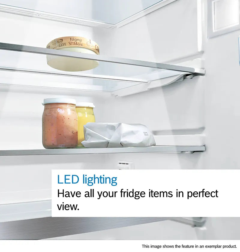 Bosch Series 2 KIV87NSE0G (09) 270 Litre 70/30 Integrated Fridge Freezer - E Rated from HomeWise Appliances. Graphic describing LED lighting.