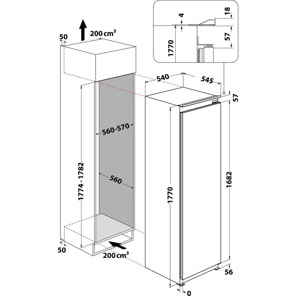 Hotpoint HTSD18F013H1 209 Litre Tall Built-In Freezer with No Frost - E Rated from HomeWise Appliances.  stock photo graphic for the freezer and installation dimensions,