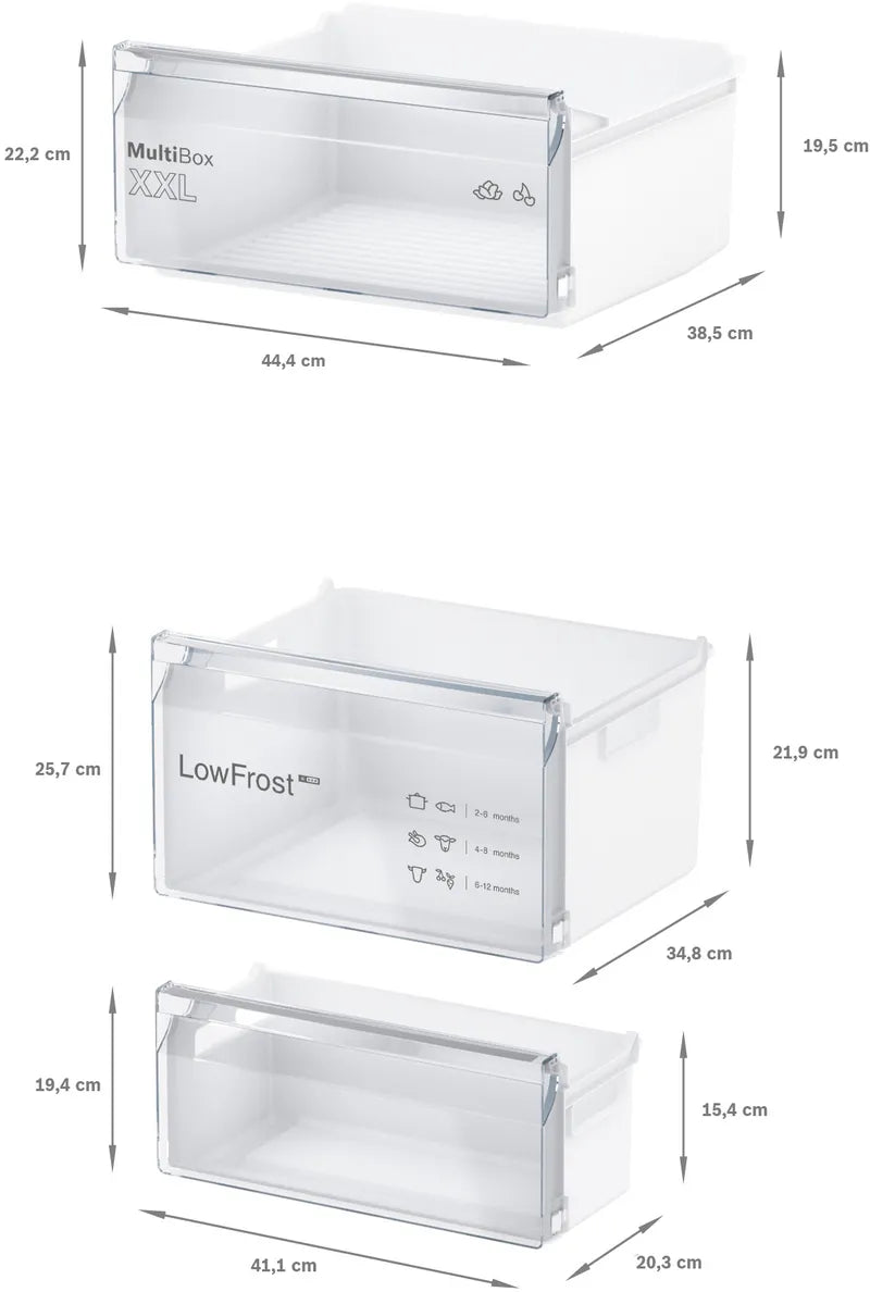 Bosch Series 2 KIV87NSE0G (09) 270 Litre 70/30 Integrated Fridge Freezer - E Rated from HomeWise Appliances. Graphic showing the sizes and dimensions of the fridge and freezer storage boxes.