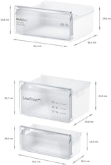 Bosch Series 2 KIV87NSE0G (09) 270 Litre 70/30 Integrated Fridge Freezer - E Rated from HomeWise Appliances. Graphic showing the sizes and dimensions of the fridge and freezer storage boxes.