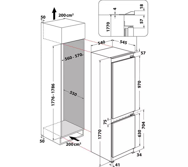 Hotpoint HTC18 T112 UK 70/30 No Frost Integrated Fridge Freezer with Sliding Hinge - E Rated from HomeWise Appliances. Graphic for installation diagram with sizes
