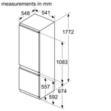 Bosch Series 2 KIV87NSE0G (09) 270 Litre 70/30 Integrated Fridge Freezer - E Rated from HomeWise Appliances. Graphic describing the appliance measurements