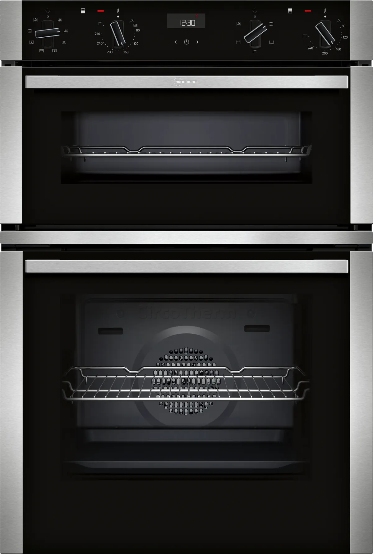 Neff N50 U1ACE2AN3B Built-in Electric Double Oven in Stainless Steel - A/B Rated by HomeWise Appliances. Stock photo front of oven.