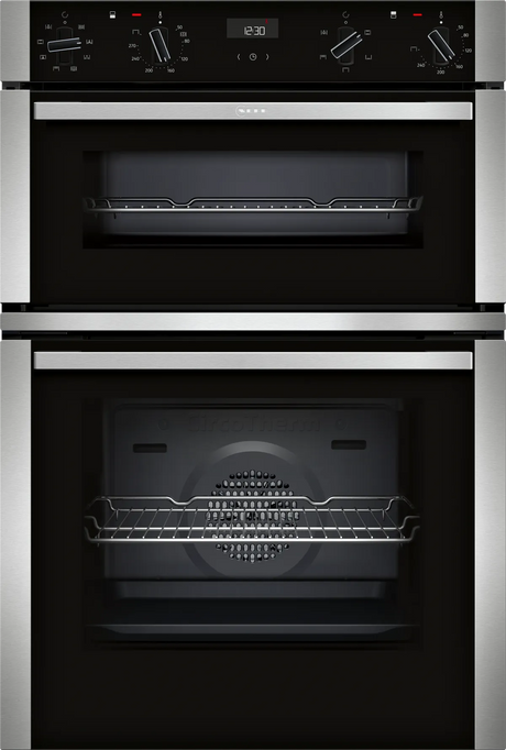 Neff N50 U1ACE2AN3B Built-in Electric Double Oven in Stainless Steel - A/B Rated by HomeWise Appliances. Stock photo front of oven.