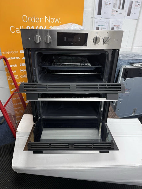 Hoover HO7DC3B308IN Electric Built-under Double Oven in Stainless Steel & Black - A/A Rated from HomeWise Appliances. Shop photo front of the oven with doors open.
