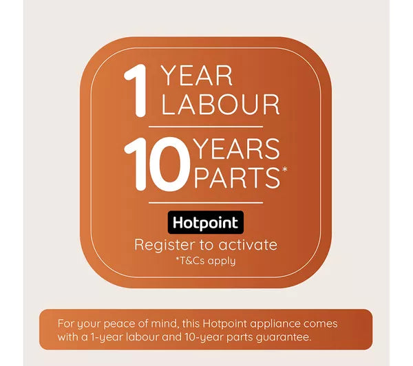 Hotpoint HTC18 T112 UK 70/30 No Frost Integrated Fridge Freezer with Sliding Hinge - E Rated from HomeWise Appliances. Graphic for Hotpoint 10 Years Parts Guarantee