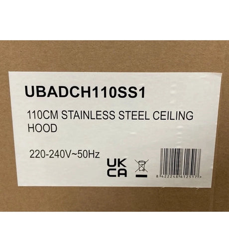 Cata UBADCH110SS1 110cm Island Ceiling Cooker Hood in Stainless Steel  from HomeWise Appliances. Product label on the packaging.